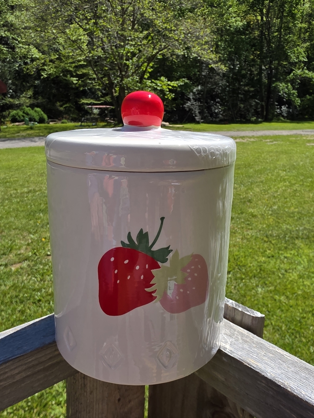 Strawberry Canister Cookie Jar Ceramic NEW7" X 6" Wide Strawberry Fields